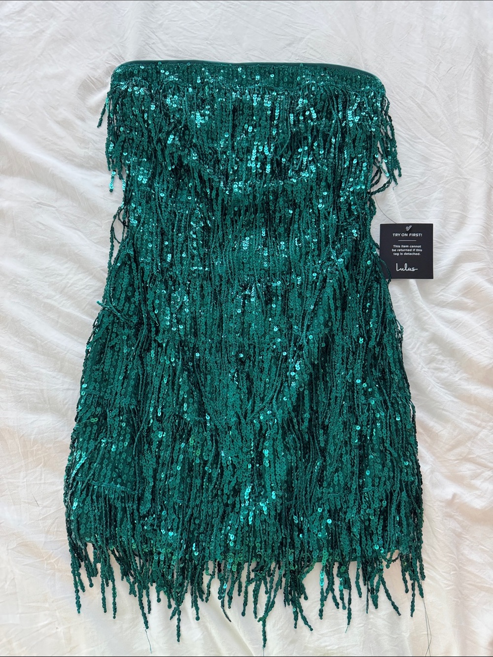 Lulu's Emerald Green Sequin Fringe Strapless Dress